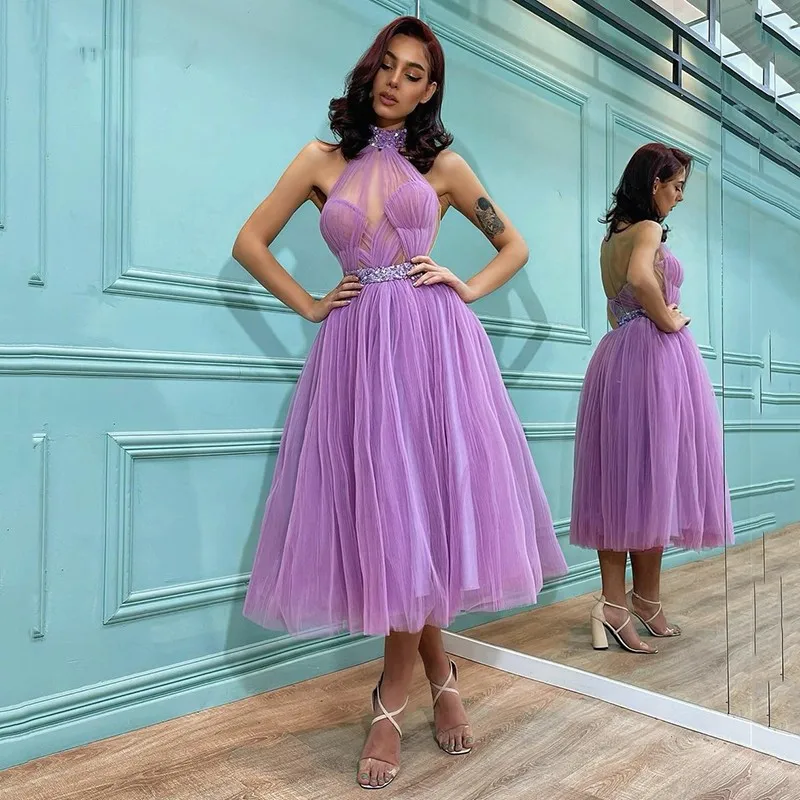 

Фиолетовые платья для выпускного вечера с лямкой на шее, а-силуэт, с открытой спиной и блестками, с поясом, из Мягкого Тюля, сексуальное вечернее платье, индивидуальные Платья для вечеринок