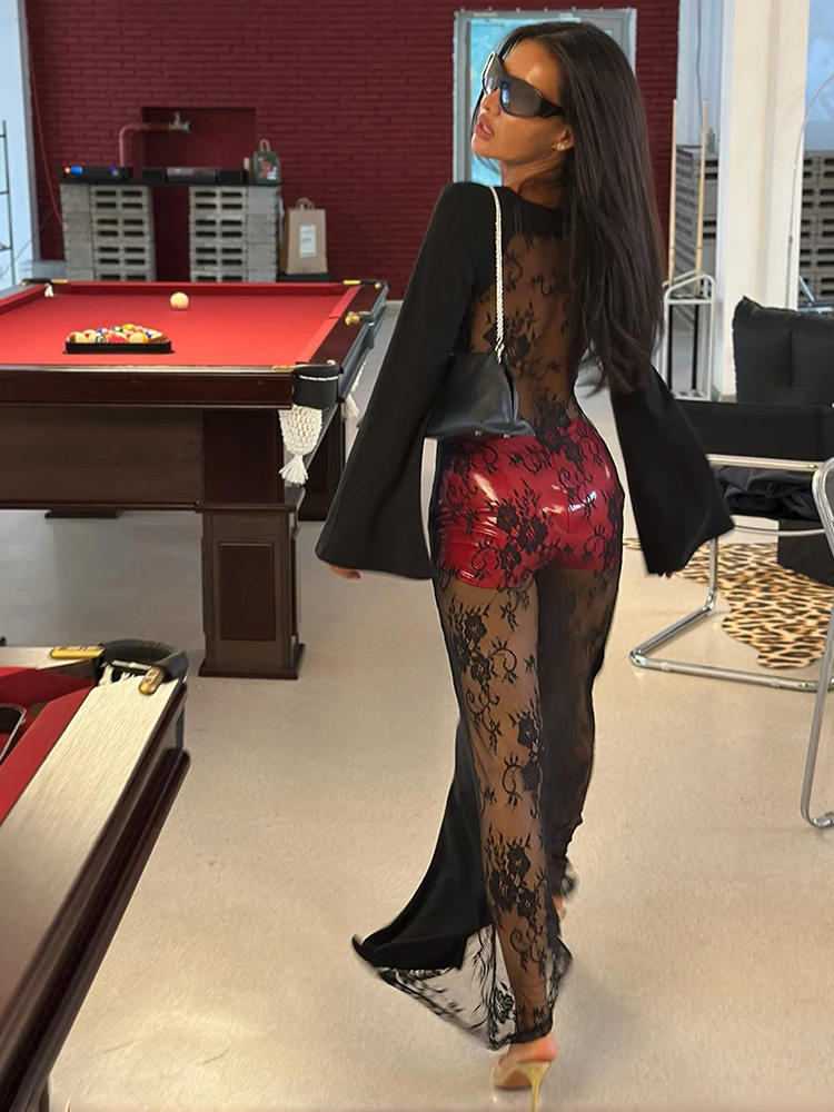 Фото Платье Sisterlinda Simple Dress для женщин, модное, с кружевными вставками, круглым вырезом, пышными рукавами, эластичное, элегантное, для банкетов, вечеринок, клубов, длинное, облегающее. №4