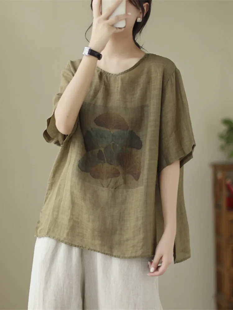 

2023 Summer New Loose Round Neck Linen Round Neck Short Sleeve Top Art Fresh Versatile T Shirt