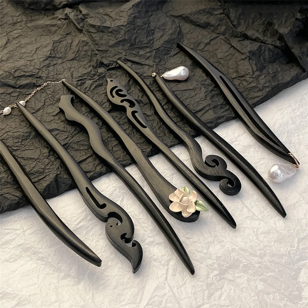 

Hand-earlcarved Black Ebony Wooden Hairpin Long Pearl Tassel Flower Hair Sticks Vintage Chop Stick Headwear Bridal Jewelry 2022
