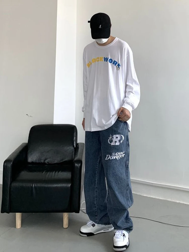 Men Pants Loose Jeans Street Clothing Retro Hip Hip Hip -hop Alphabet Embroidered Jeans Loose Straight Leg Pants Wide Leg Pants