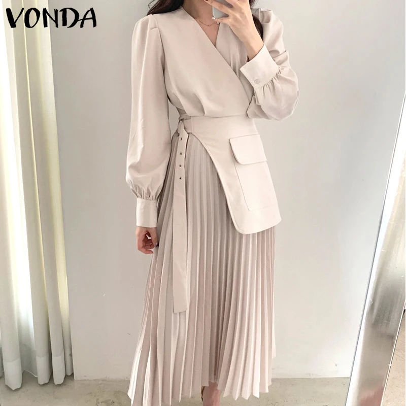

Spring Dress 2022 VONDA Long Dresses Winter Long Sleeve Sexy V Neck Belted Vestidos Oversized Pleated A-Lind Longue Robes