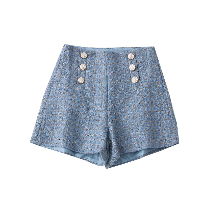 2023 Spring New Fashion Versatile Tweed High Waist Slimming Plaid Double Breasted Shorts Wide Leg Short Pants for Women