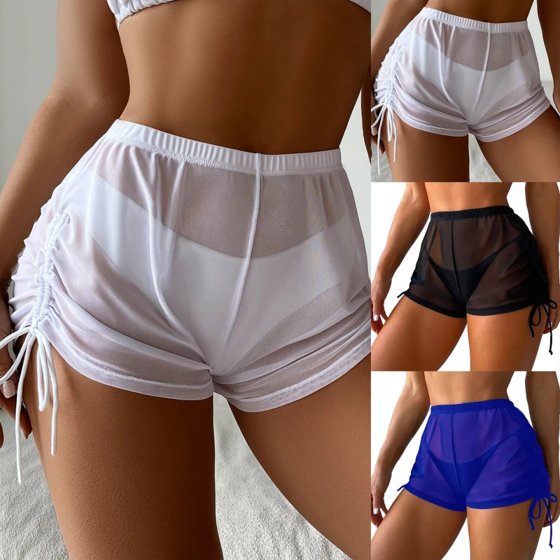 

Женская Пляжная накидка, шорты на шнуровке, прозрачная сетчатая накидка на бикини, шорты, накидка на купальник, пляжные наряды для женщин