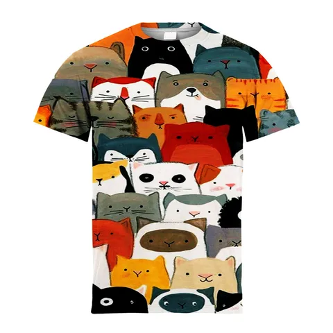 2024 летняя детская рубашка для мальчиков и девочек, детские футболки, детские футболки с коротким рукавом, обычным принтом и круглым вырезом, футболки с мультяшным котом, топы, одежда