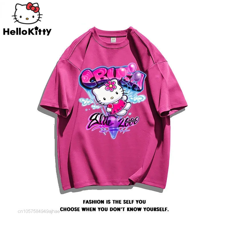 

Sanrio Hello Kitty 2022 Summer New Tops Women Aesthetic Tee Shirts Y2k Loose Short Sleeve T-shirts Cotton Kawaii KT Print Tshirt