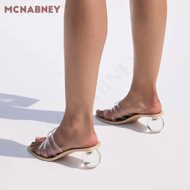 Crystal Ball Heel Transparent Slippers Summer New Fairy Style Square Toe High Heel Sandals One Word Transparent Belt Sandals