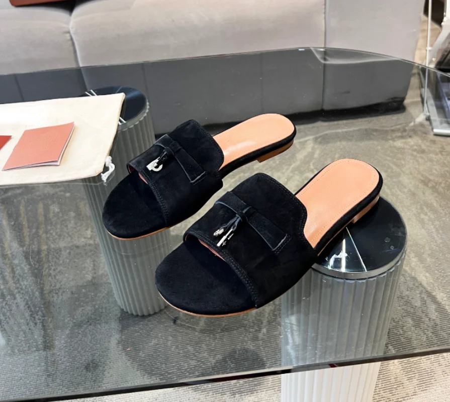 2023 New suede Leather men Slippers Peep Toe Summer Sandals ostrich Slippers Flat Large Size Vacation sandy beach Women's Shoes