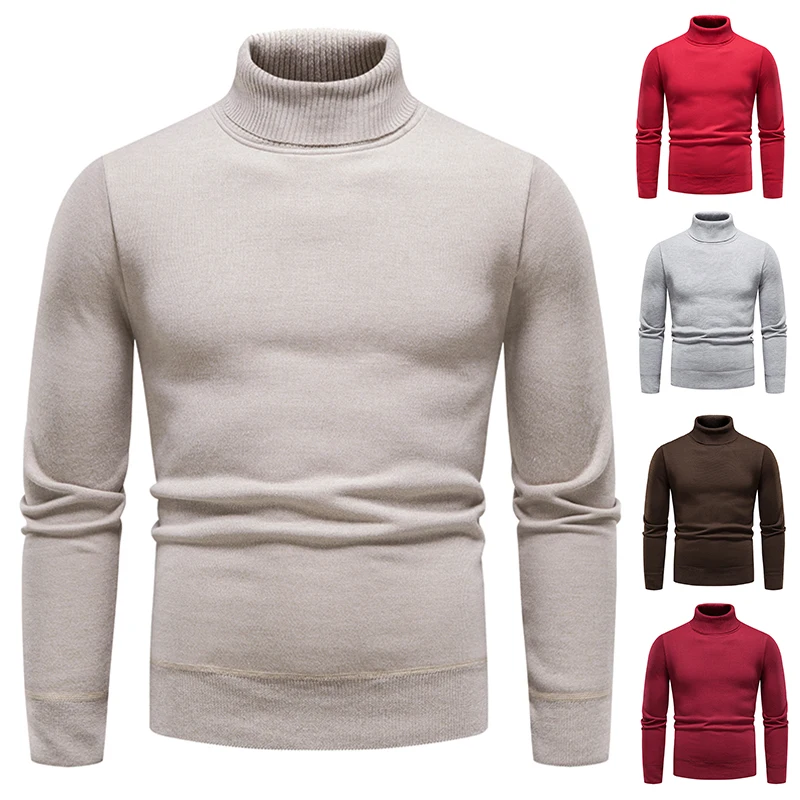 Men's Turtleneck Sweater Knitted Clothing Autumn Winter Pullover Black Brown Casual White Bottom Shirts Slim Fit Blouses
