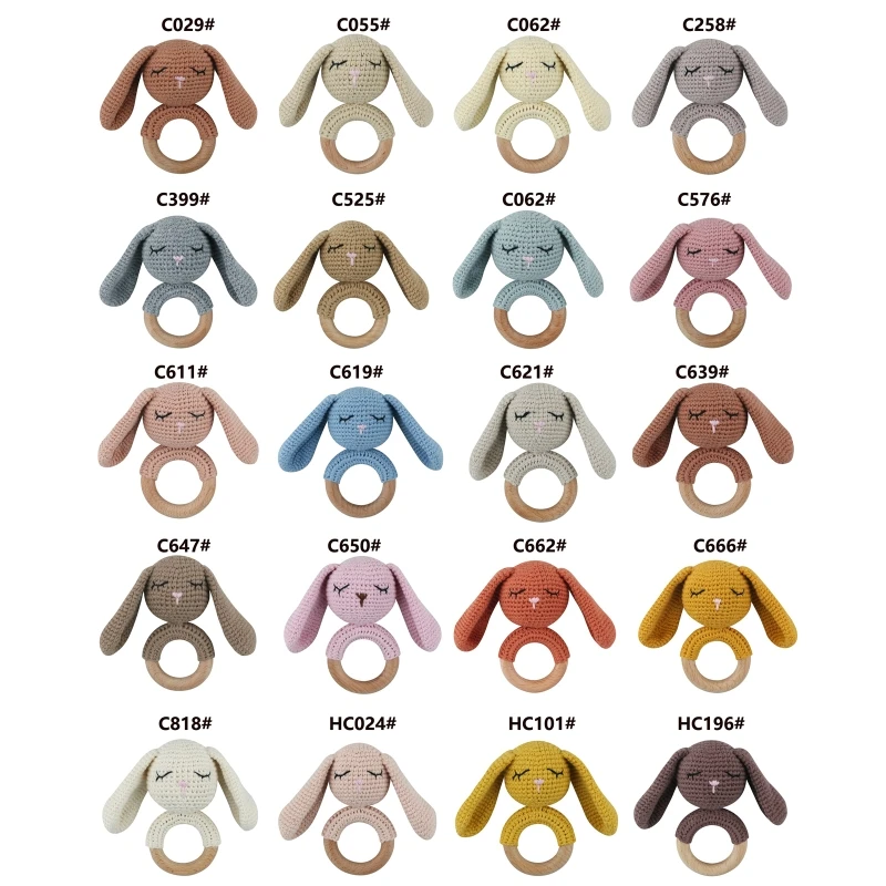 

1pc Wooden Crochet Bunny Rattle Toy BPA Free Wood Ring Baby Teether Handbell Baby Gym Mobile Rattles Newborn Educational