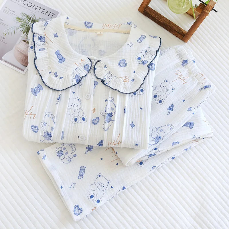 

Pajama Set Women Cotton Nighty Crepe Doll Collar Double Layer Soft Seersucker Long Sleeve Trousers Sweat Absorbing Homewear Pjs