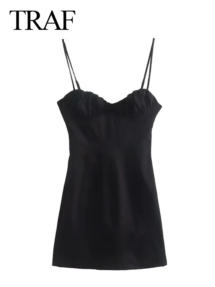 

TRAF Elegant Fashion Low Neck Support Chest Short Women's Dress Black Premium Sexy Adjustable Straps One Piece Lady Dress
