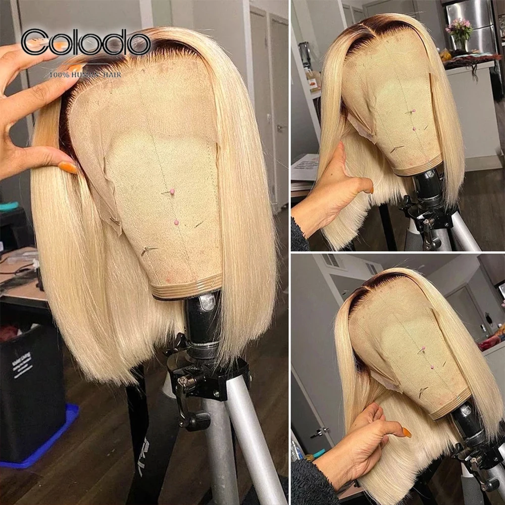 

Pixie Short Bob Cut Wig Ombre Blonde Straight 13x4 Lace Front Human Hair Wig 150 Density Brazilian Remy Natural Wigs For Women