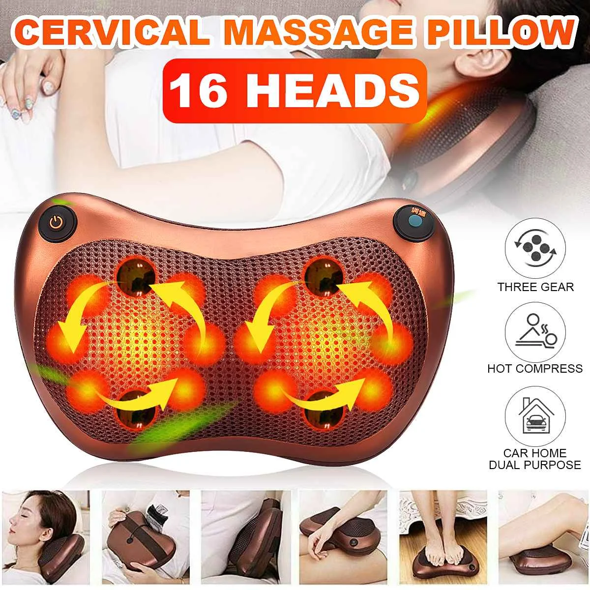 

3 Speed 16 Massage Heads Electric Massage Pillow Shiatsu Shoulder Neck and Back Massager Heat Deep Kneading Cushion