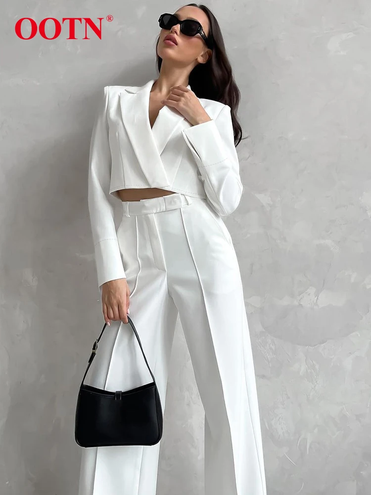 

OOTN ELegant White 2 Piece High Waist Long Pants Crop Top Single Button Coat Two Piece Set Autumn Basics Outfits Women 2023