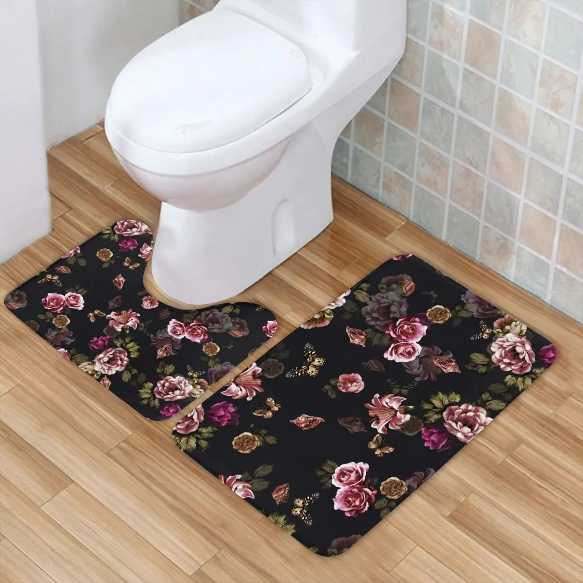 

Pretty Flower Bath Mat Floral Print 2pcs Anti-Slip Modern Bathroom Mat Set Polyester Bathtub Bathroom Rug