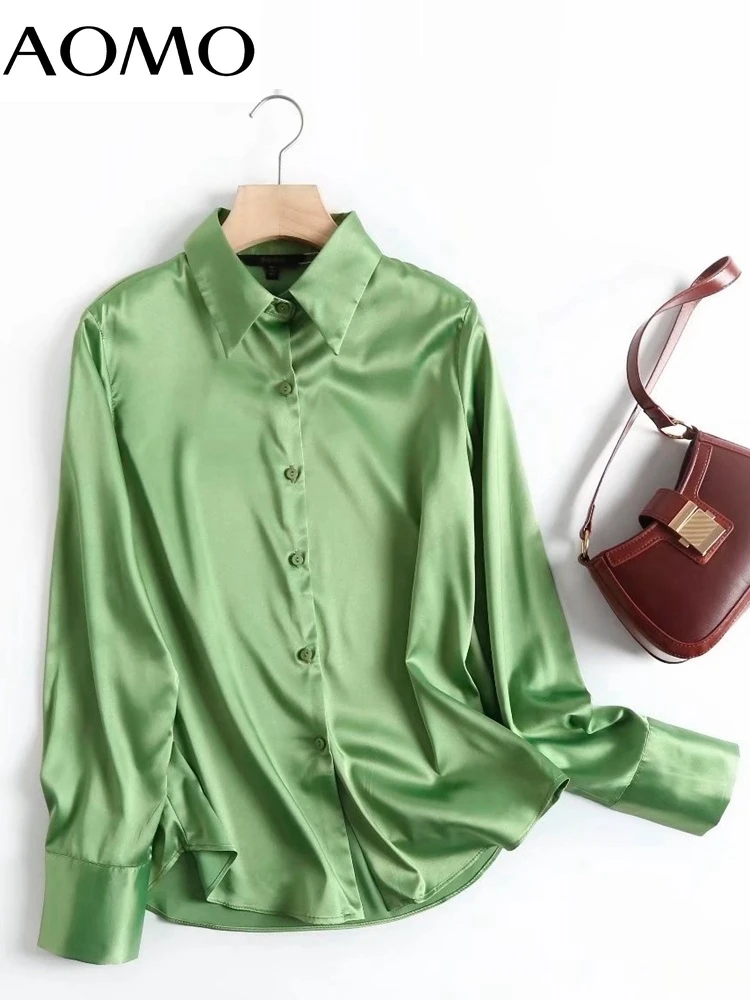 

AOMO Women Vintage Green Satin Shirt Long Sleeve 2022 Chic Female High Street Loose Shirt 4C65A