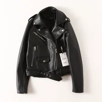 Spring Autumn Women Black Faux Leather Jacket With Belt Lapel Long Sleeve Diagonal Zipper Short Motorcycle Biker Coat Streetwear