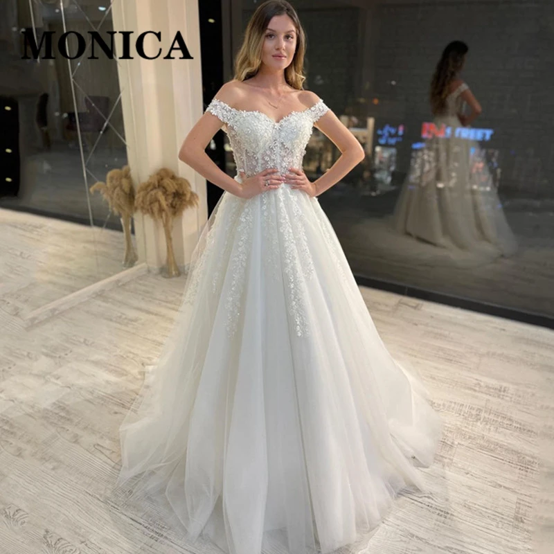 

MONICA Classic A-LINE Wedding Dresses For Bride Backless Off The Shoulder Appliques Tulle Court Train Robe De Mariée Customised