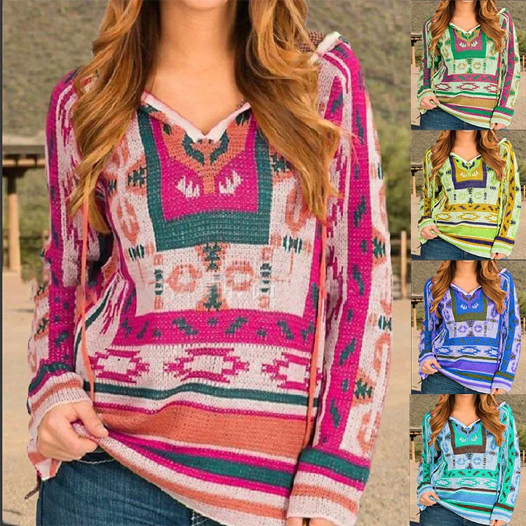 

Autumn and Winter New Women's Wear Top Ethnic Style Hooded Knitwear Sweater Women Tops Lady