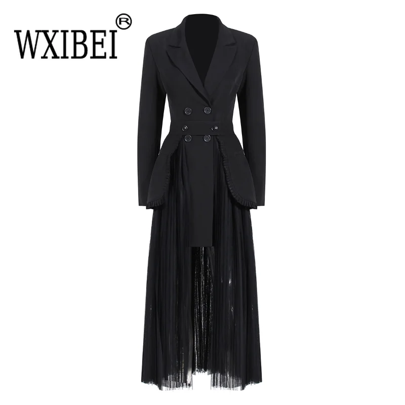 WXIBEI Dark Black Balzer Skirt Two-piece Set For Women 2023 Spring New Temperament Long Suit Mesh Pleated Skirt Set Female FC331