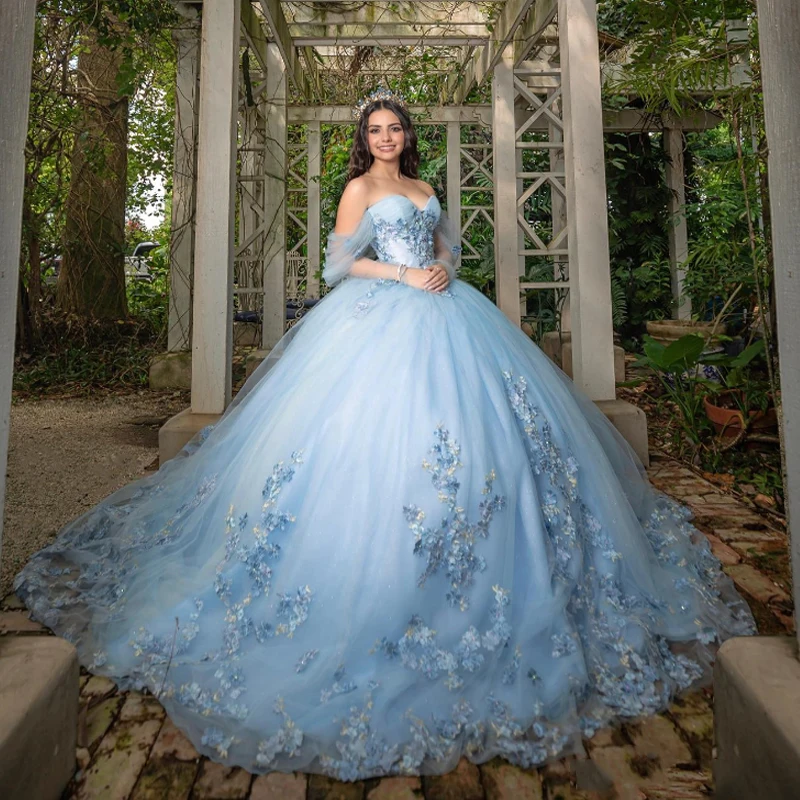 Небесно-голубое очаровательное бальное платье Quinceanera с открытыми плечами