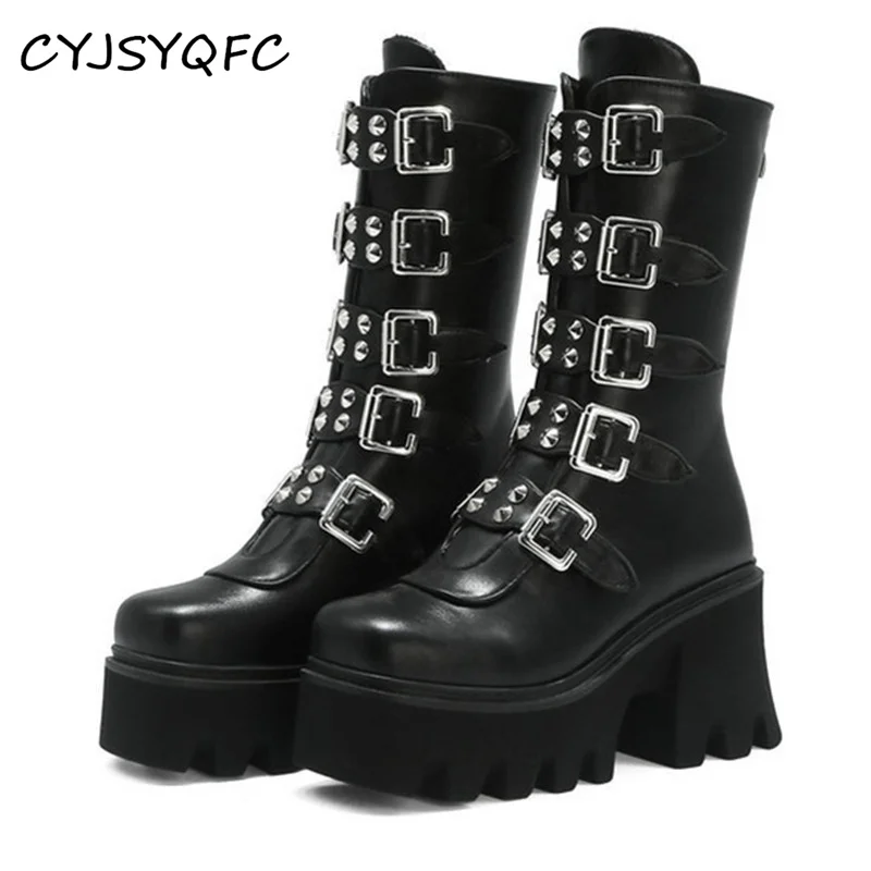 

Autumn Winter Women Mid Calf Boots Round Toe Buckle Strap Back Zip Platform High Heels Shoes Punk Goth Style Woman Demonia Boots