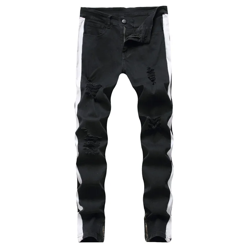 2022 Preppy Style White Stripe Stretch Men Pencil Jeans Trousers Hole Ripped Hip Hop Women Slim Denim Pants Dress Pantalon Homme