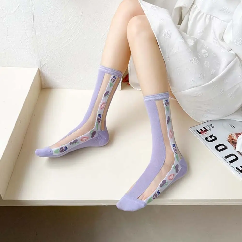 

Trendy Flower Harajuku Elastic Simple Japanese Glass Silk Hosiery Transparent Women Thin Socks Korean Style Socks
