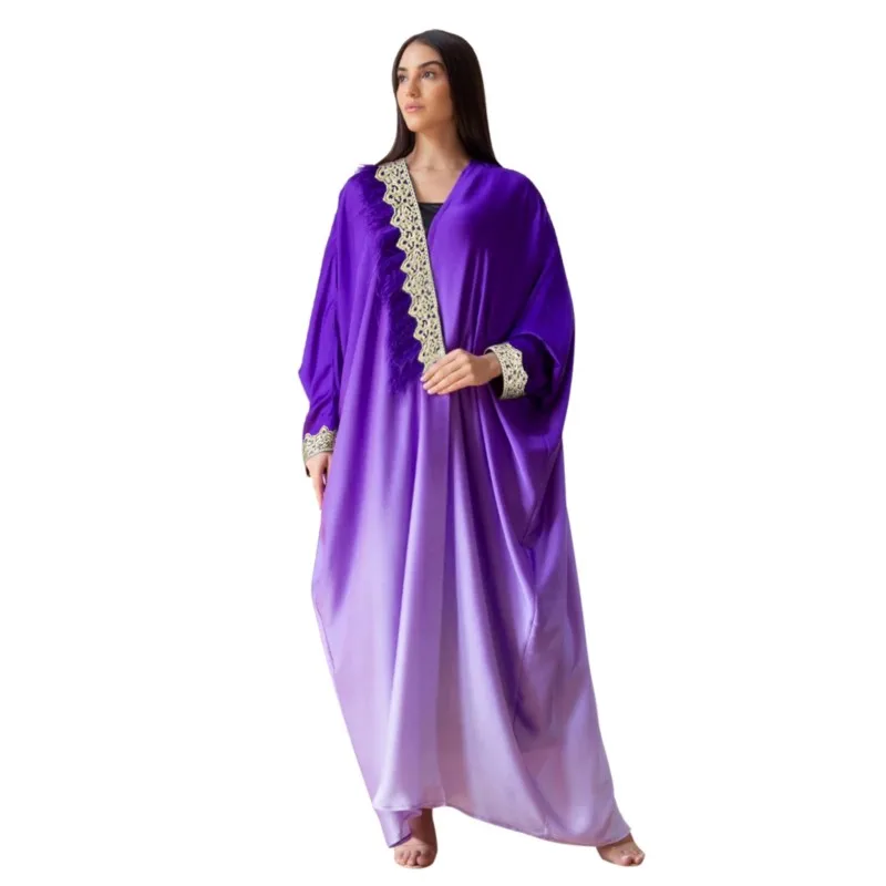 

Middle East Dubai Loose Muslim Robes Abaya Chic Feathered Webbing Doll Sleeve Gradient Long Dress Party Boubou Africain Femme