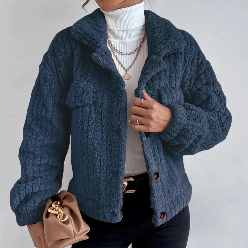 

2023 Autumn Winter Lapel Shirt Plus Velvet Comfortable Casual Women Thick Plush Coat Solid Color Single-breasted Warm Jacket