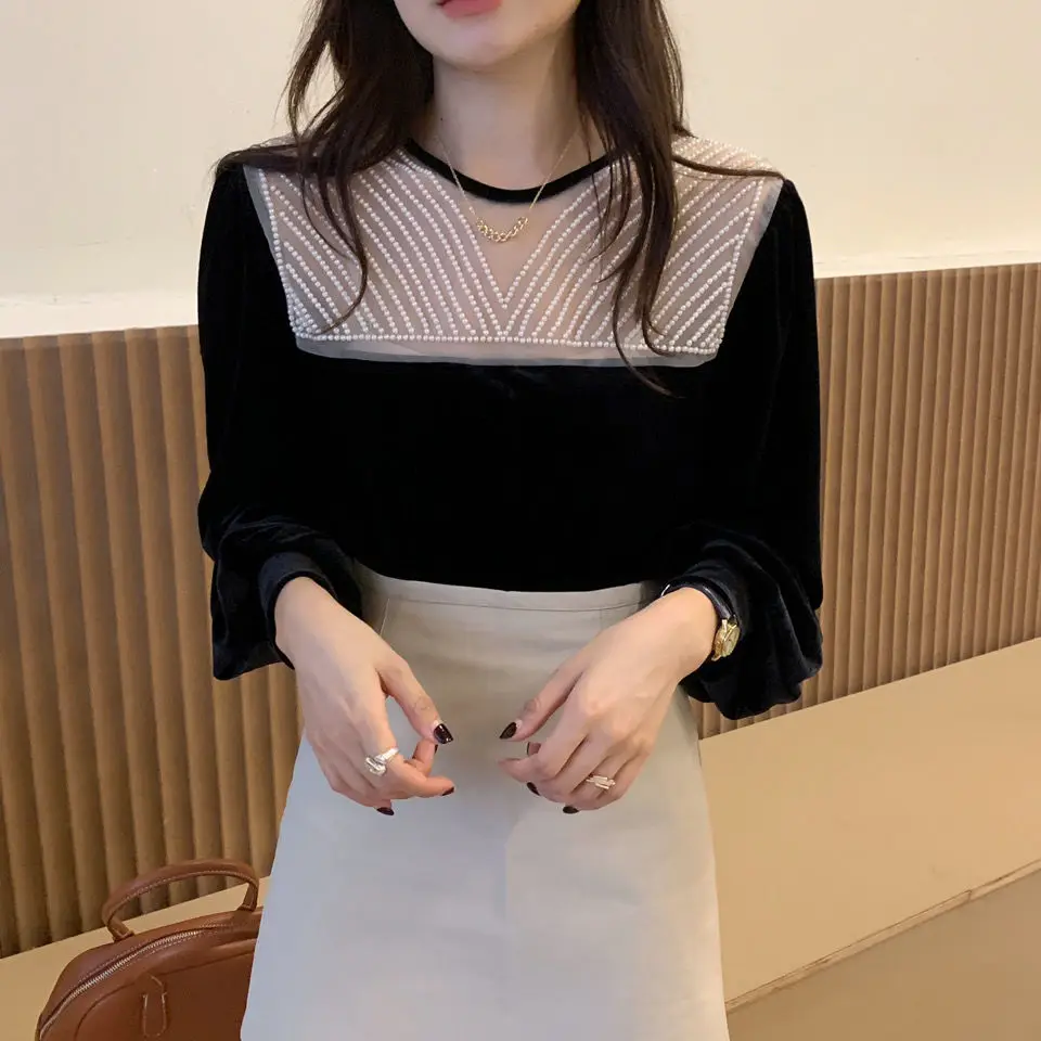 

2022 Spring French Round Neck Blouse with Net Gauze and Bead Stitching Loose Puff Sleeve Shirt Blouse Women Tshirt Women