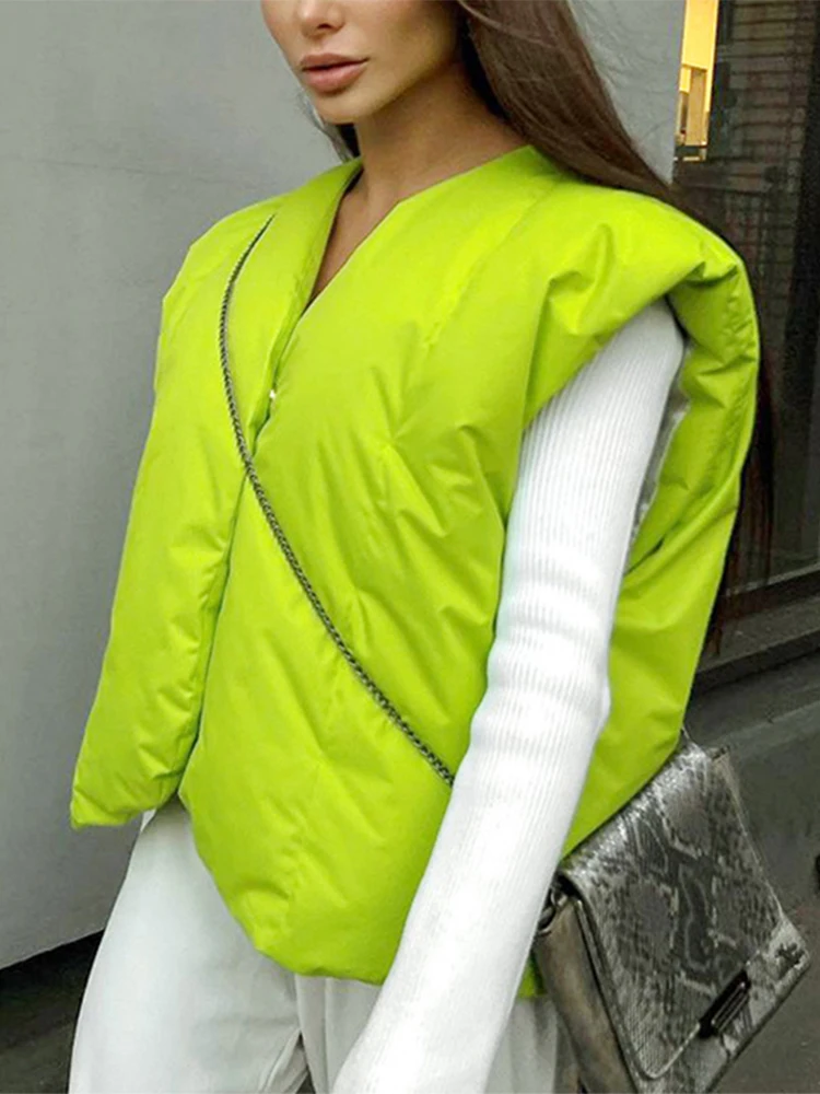 

SEASONS Streetwear Puffer Vest Neon Green Button Up Sleeveless Bubble Jacket Trendy Clothes for Women Winter 2022 New ASCO85753