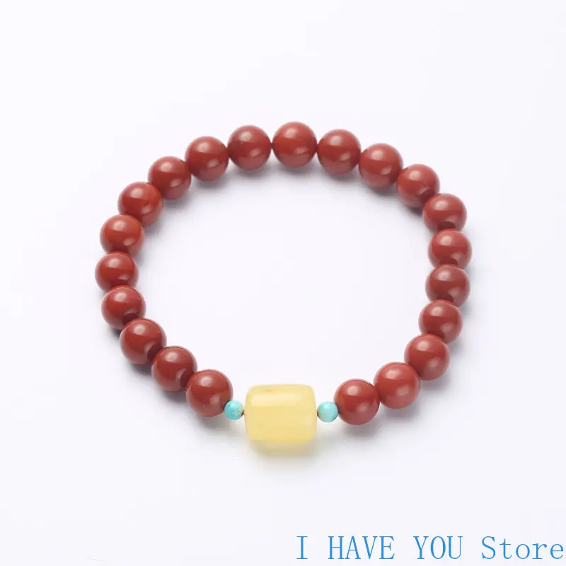 

Natural 8mm South Red Agate Bracelet Single Circle Beeswax with Shaped Bucket Beads with Raw Ore Turquoise Hand String Female