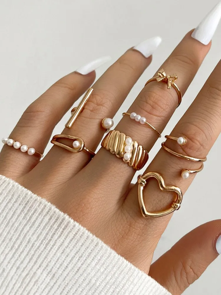 

Комплект колец в форме сердца для женщин и девушек, тонкие кольца неправильной формы в стиле панк с жемчугом, Подарочные ювелирные изделия д...