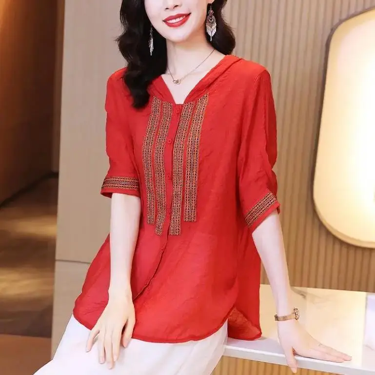 

Fashion Hooded Spliced Irregular Oversized Button Shirt Summer Loose Straight Commute Tops Casual Fashion Woman Blouses 2023 A78