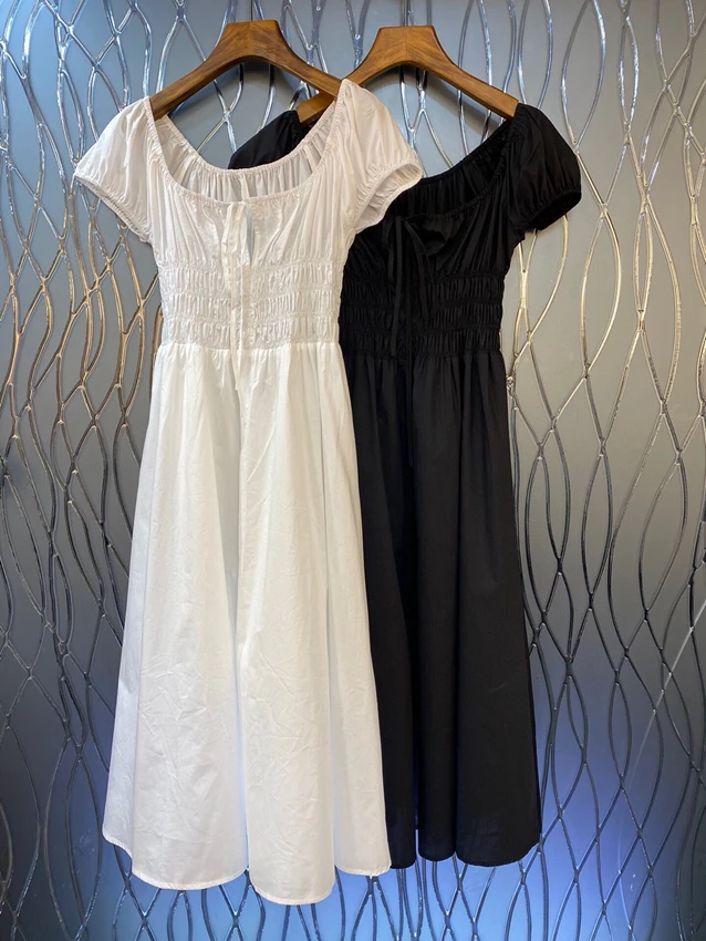 

2023 new women's fashion short-sleeved square collar A-shaped pendulum slim-fitting elegant medium and long dress dress 0705