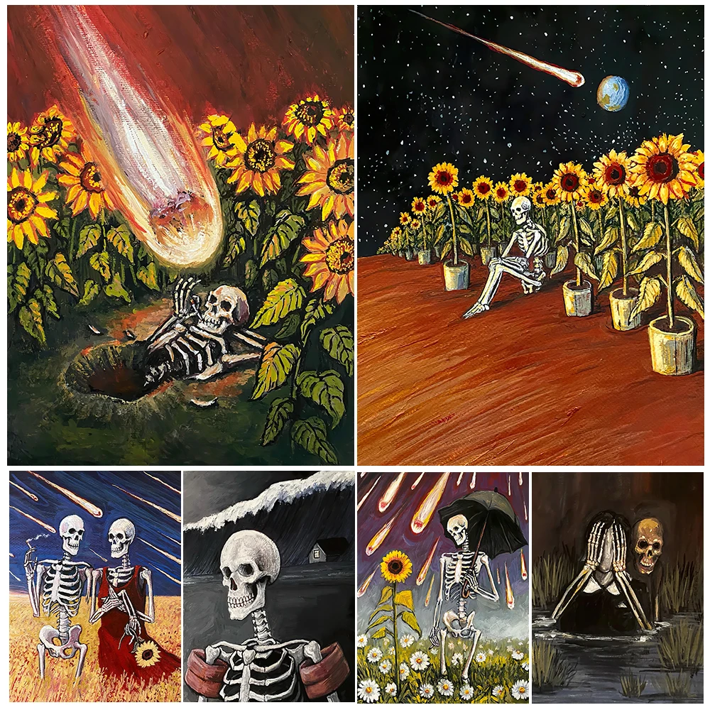 

Винтажная Картина на холсте с изображением подсолнухов и одинокого скелета, милый скелет для влюбленных, художественный постер и печать, украшение для дома