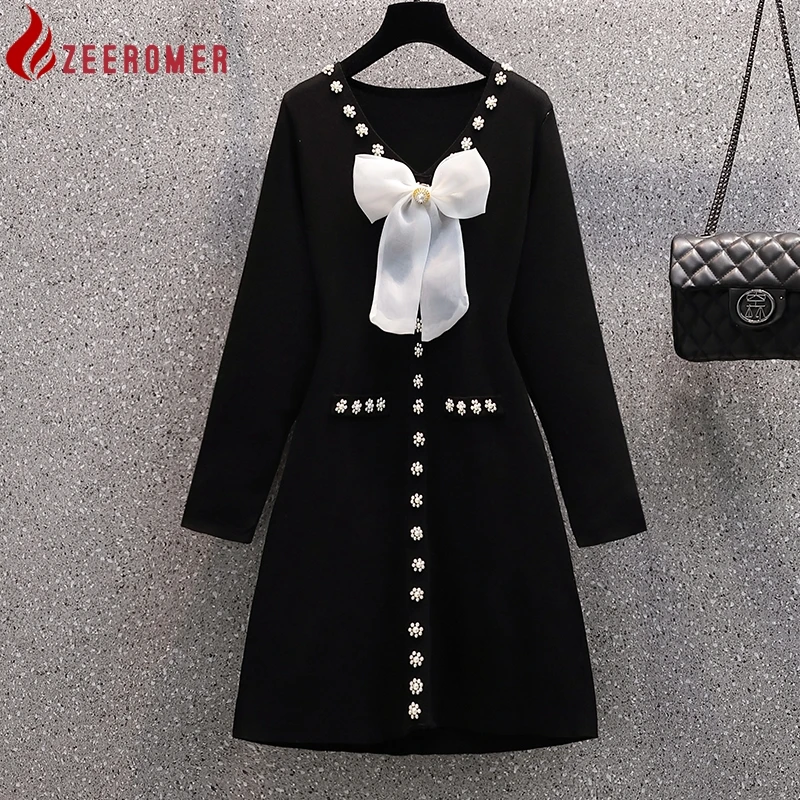 

Женское трикотажное платье-свитер с V-образным вырезом и длинным рукавом