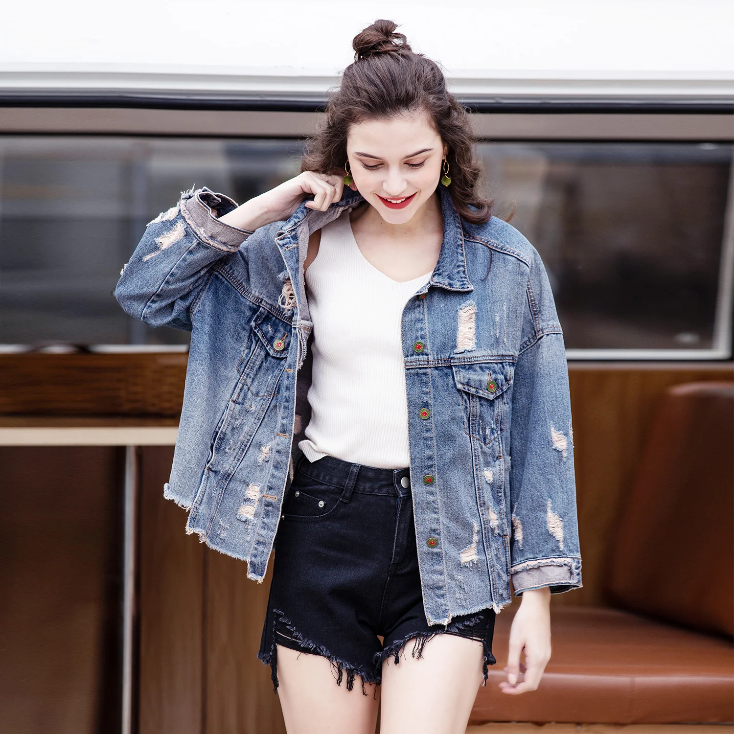 

Women A3New Jacket Quality Winter Oversize Denim Jackets Blue Jeans Coat Turn-down Collar Casual Outwear Bomber Jacket girl