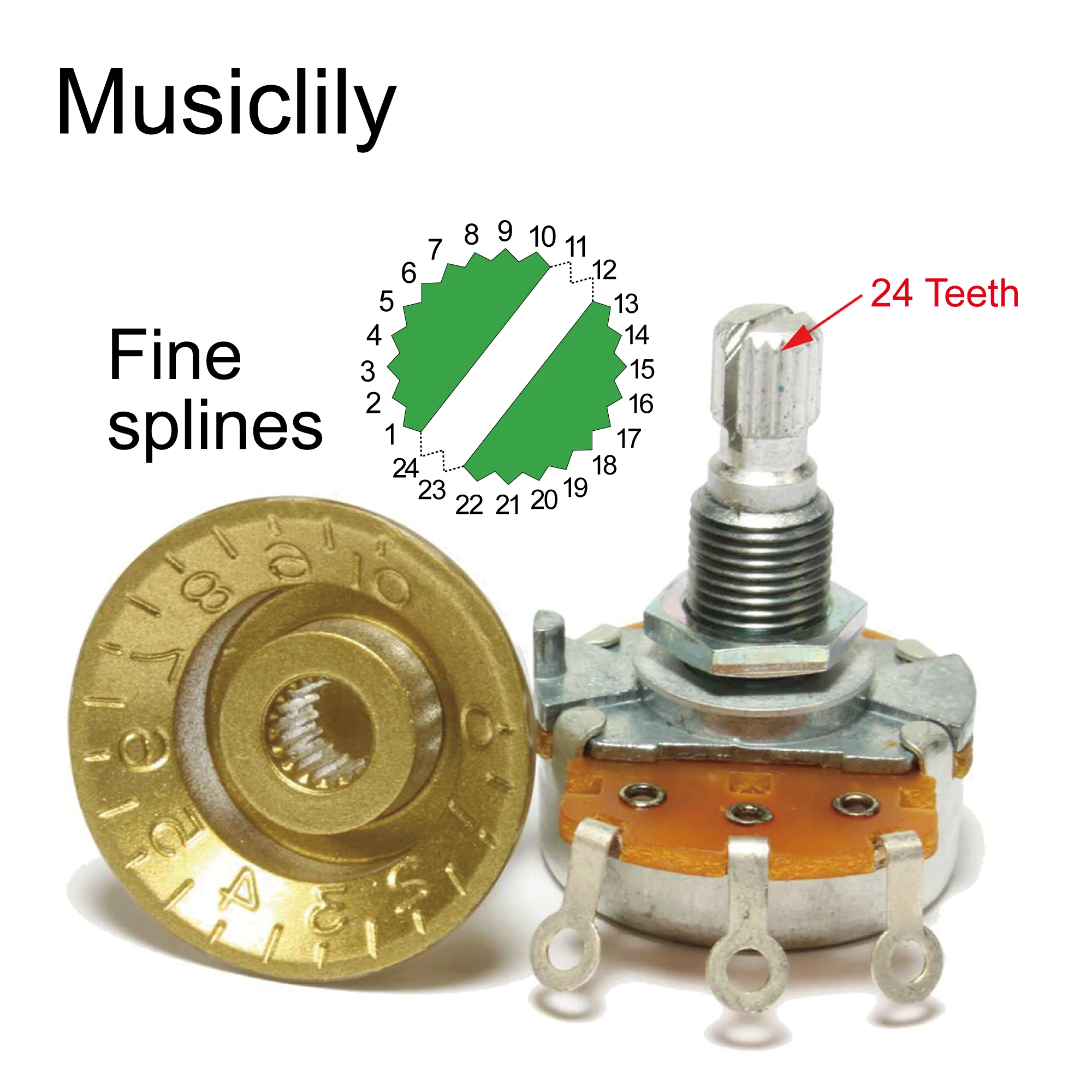 Фото Потенциометр Musiclily Pro A250K/A500K латунный, с раздельным стандартным валом 3/8 дюйма, Push-Pull, аудио-трапециевидный, для электрогитары и бас-гитары №3