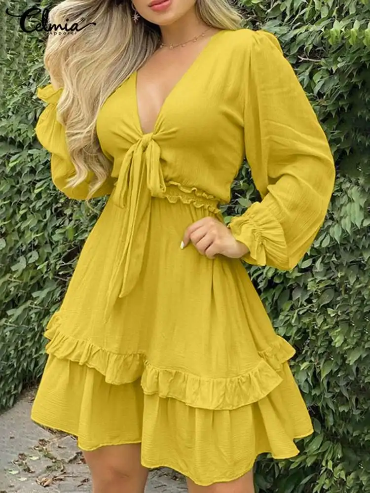 

Fashion Bandage V Neck Women Mini Dress Celmia 2022 Summer Lightweight Long Puff Sleeve Sundress Ruffles Stitching Short Robes