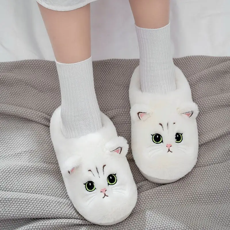 Fluffy White Cat Slippers Women's Cuddly Kitty Slides Shoes Woman Slipper Black Kitten Mules Fury Scuff Slippers New Winter Shoe