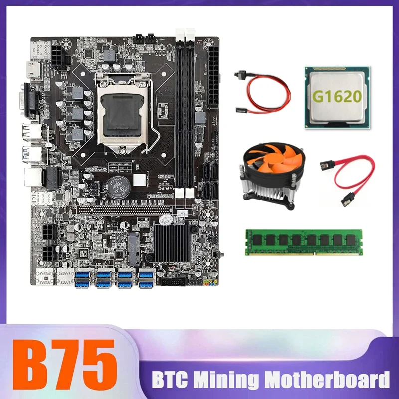 

Материнская плата B75 BTC Miner 8xusb + G1620 CPU + DDR3 4G 1600 МГц ОЗУ + вентилятор охлаждения процессора + кабель переключателя + кабель SATA