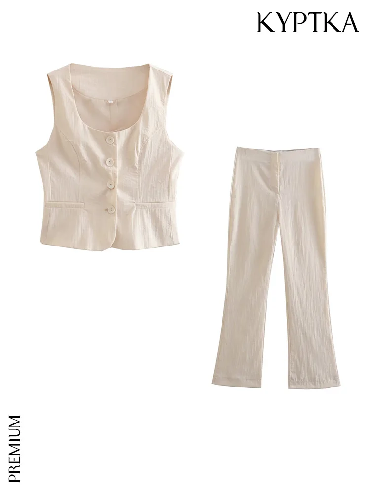 

KYPTKA Women Fashion Front Buttons Fitted Waistcoat And High Elastic Waist Zipper Fly Flare Pants Female Two Piece Sets Mujer
