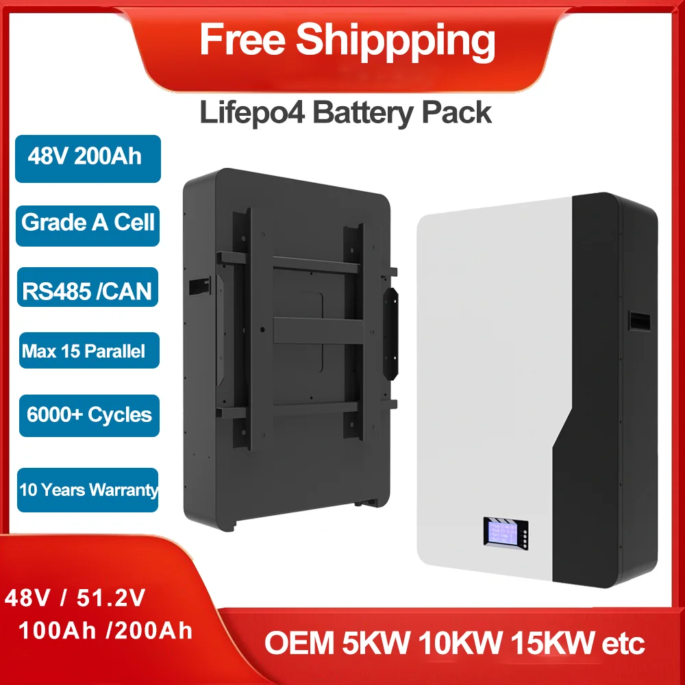 

48V 200AH 10KW Powerwall LiFePO4 Battery Pack 51.2V 100AH 5KW Lithium Battery 6000+ Cycle RS485 CAN For Off/On Grid Inverter