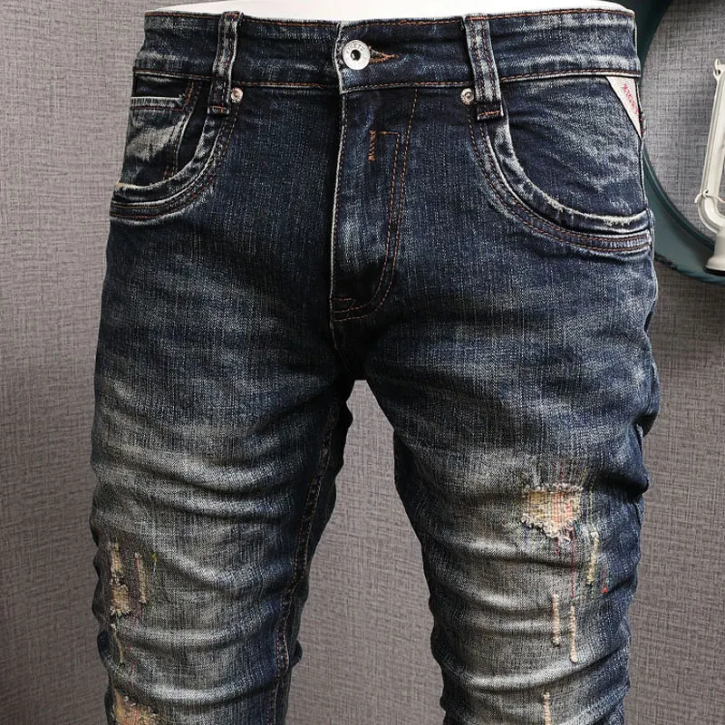 Fashion Trendy Men Jeans Retro Black Blue Elastic Stretch Slim Vintage Ripped Jeans Embroidery Patched Designer Denim Pants Men