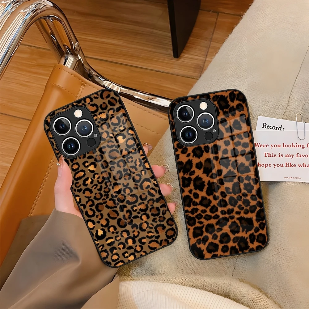Чехол для телефона с леопардовым принтом из закаленного стекла iPhone 16 15 13 14 12 11 Pro XS