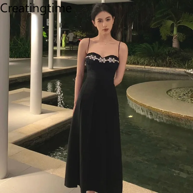 

Creatingtime 2023 Summer New Black Siling Strapless Sleeveless Backless Diamonds Patchwork High Waist Dress Fashion Women LH223