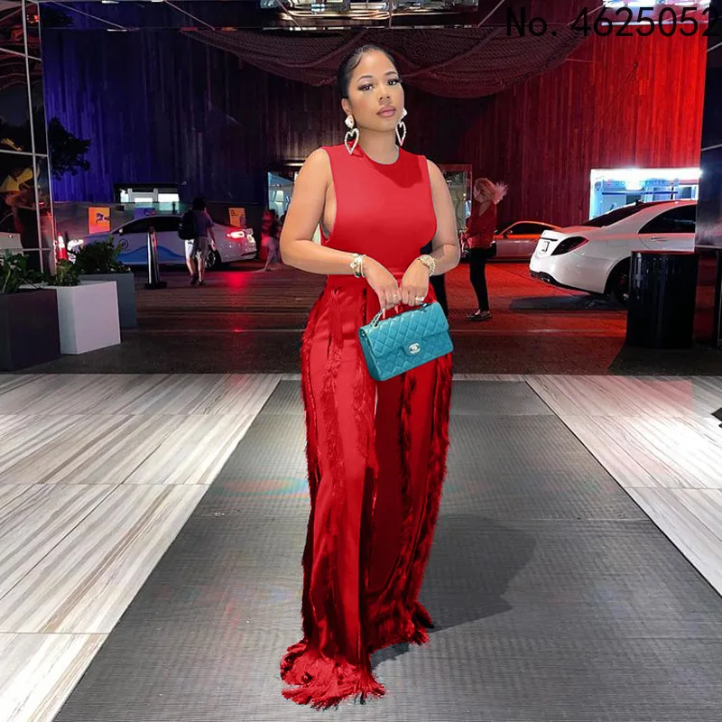 

Однотонный комплект из 2 предметов, женский модный спортивный костюм, боди без рукавов + длинные брюки с бахромой, подходящие комплекты, повс...